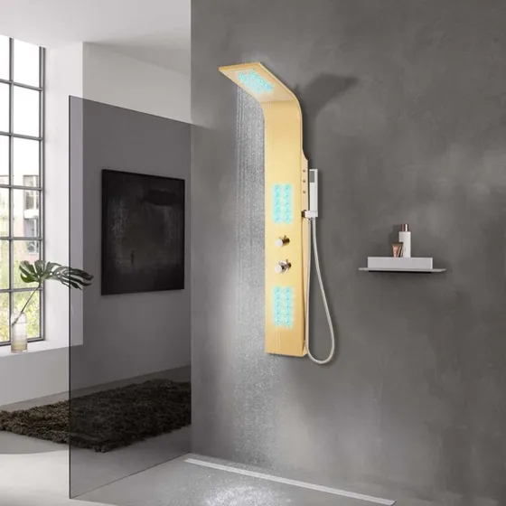 vidaXL Brusepanel rustfrit stål buet guldfarvet med LED og termostat