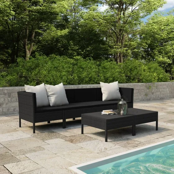 vidaXL loungesæt 6 dele med hynder i sort polyrattan