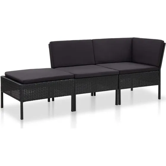 vidaXL Haveloungesæt 3 dele med hynder polyrattan sort
