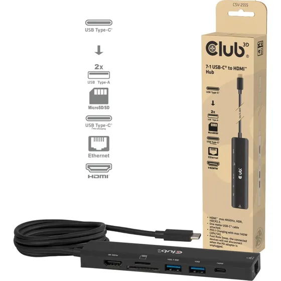 Club 3D CSV-2555 USB-C Hub med HDMI, Ethernet og SD-læser - Sort
