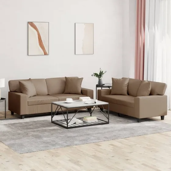 vidaXL 2-delet sofasæt i kunstlæder cappuccino med puder