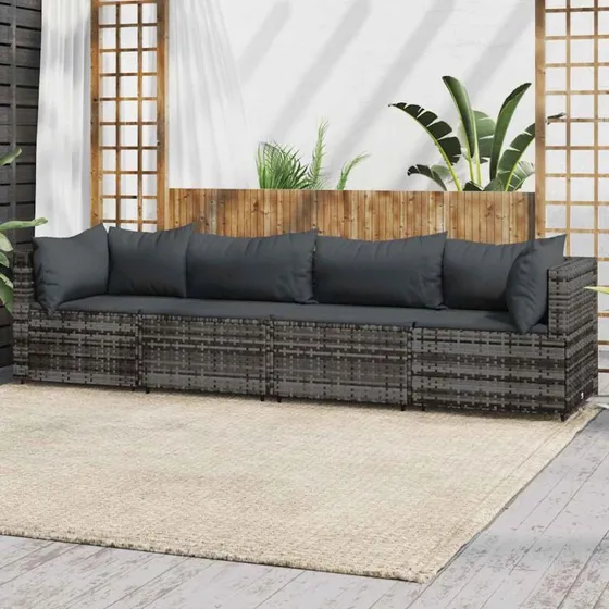 vidaXL 4-deligt loungesæt i polyrattan grå med hynder