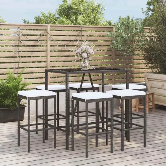 vidaXL Barsæt 7 dele med hynder i polyrattan, sort