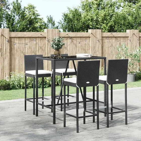 vidaXL Barsæt 5 dele med hynder i polyrattan, sort