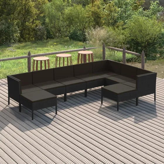 vidaXL 9-deligt loungesæt i sort polyrattan med hynder