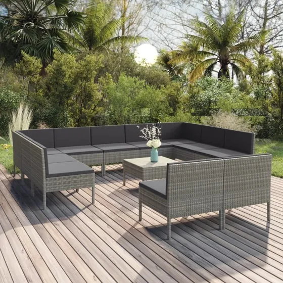 vidaXL 12-del. loungesæt med polyrattan og grå hynder