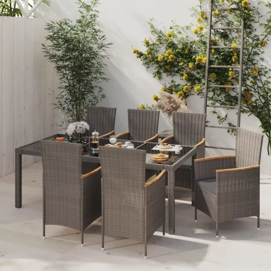 vidaXL Udendørs Spisebordssæt 7 Dele, Polyrattan Sort/Grå, 190 cm