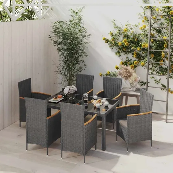 vidaXL udendørs spisebordssæt 7 dele polyrattan sort/grå med hynder
