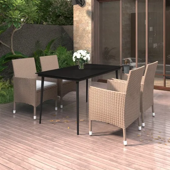 vidaXL 5-deligt havemøbelset med polyrattan, glasbord og stol, beige/sort
