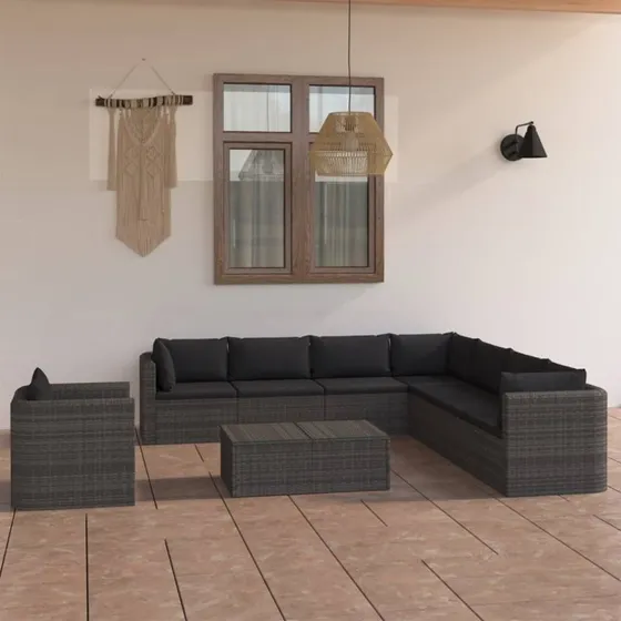 Haven 9-deles loungesæt i polyrattan, grå, med hynder