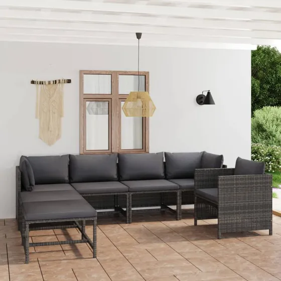 vidaXL 7-deligt loungesæt i polyrattan grå med hynder