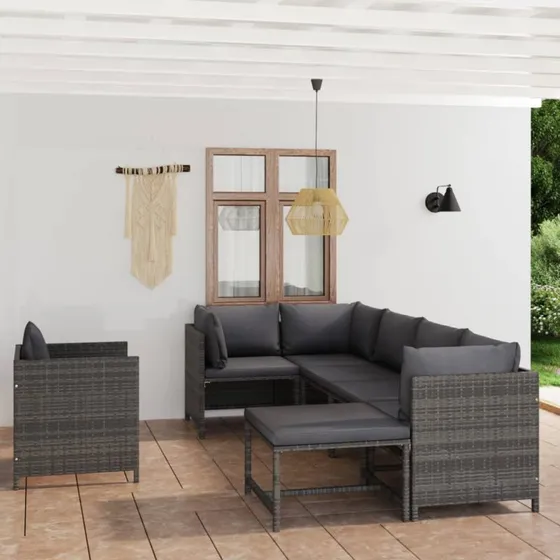 vidaXL 7-deligt loungesæt med hynder i polyrattan, grå