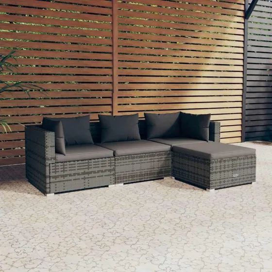 vidaXL 4-deligt loungesæt i polyrattan grå med hynder