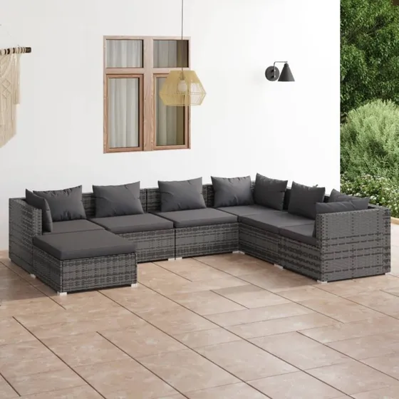 vidaXL 7-delssæt polyrattan grå med hynder