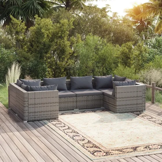 vidaXL 6-deligt loungesæt i polyrattan med hynder grå