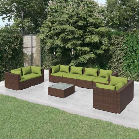 vidaXL 9-deligt loungesæt i polyrattan med grønne hynder, brun