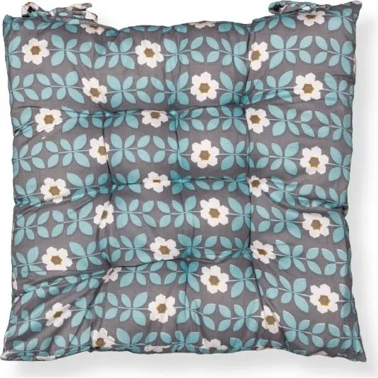 Stolehynde 35x35x6 cm – Grå med blå og hvid blomster – Blød komfort