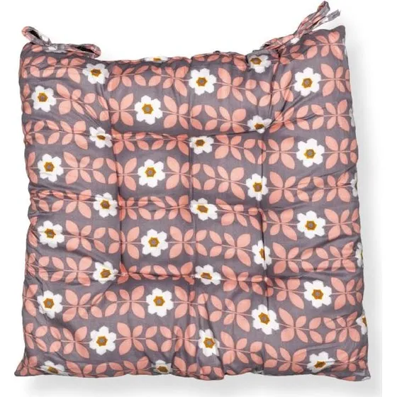 Stolehynde 35x35x6 cm – Grå med rosa og hvide blomster – Blød komfort