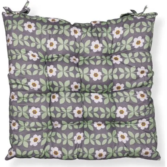 Stolehynde 35x35x6 cm - Grå med grønne og hvide blomster