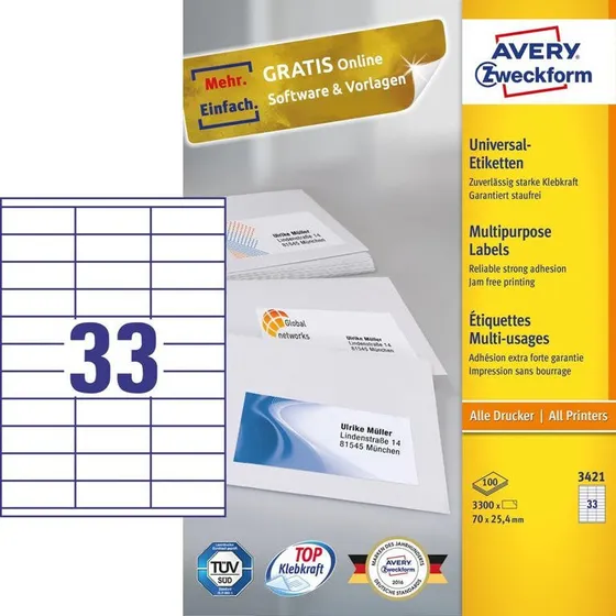 Avery 3421 Etiketter 70x25,4 mm, 3300 stk, Hvid