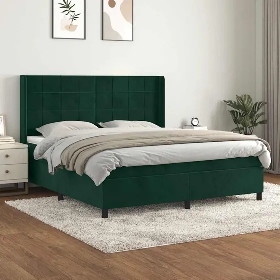 vidaXL Kontinentalseng 160x200 cm mørkegrøn fløjl med justerbar gavl og pocketfjedresmadras