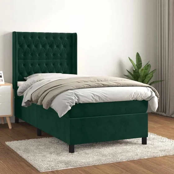 vidaXL Kontinentalseng 90x190 cm mørkegrøn fløjl med justerbar sengegavl og pocketfjedremadras