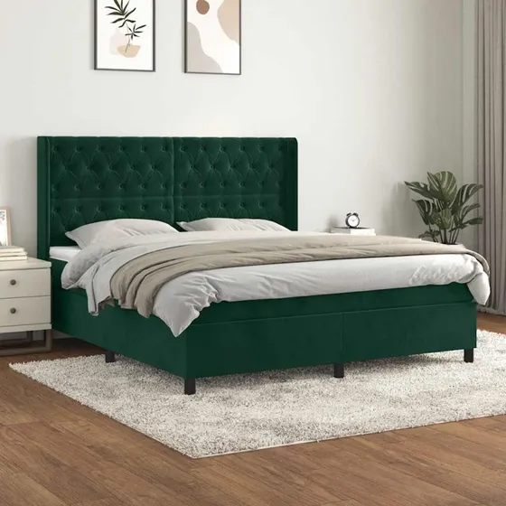 vidaXL Kontinentalseng 160x200 cm, mørkegrøn, fløjl med pocketfjedre