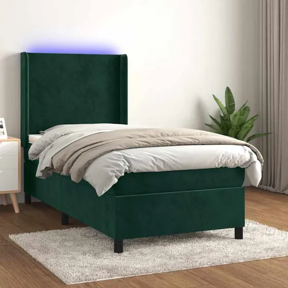 vidaXL Kontinentalseng 90x190 cm med LED-lys, mørkegrøn fløjl