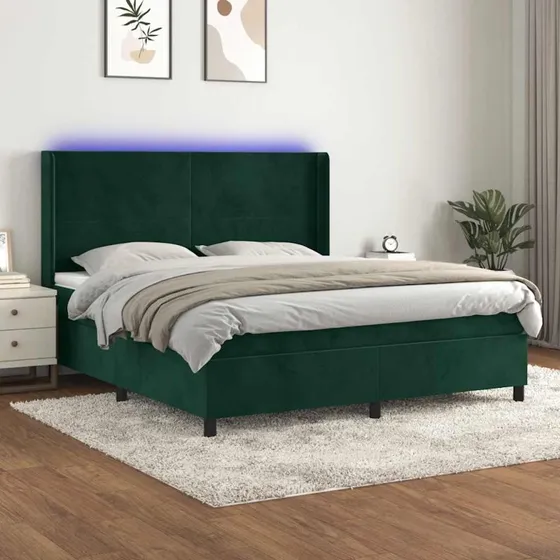 vidaXL Kontinentalseng 160x200 cm med LED-lys, mørkegrøn fløjl