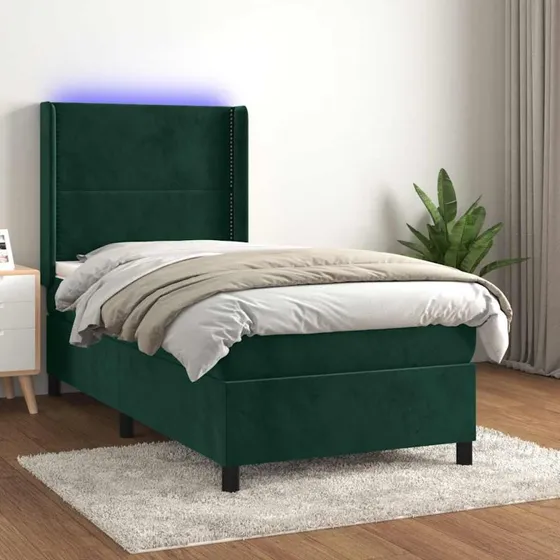 vidaXL Kontinentalseng 90x190 cm med LED-lys, mørkegrøn fløjl
