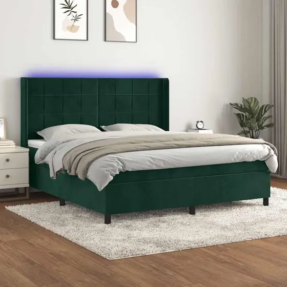 vidaXL Kontinentalseng 160x200 cm med LED-lys, mørkegrøn fløjl
