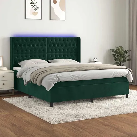 vidaXL Kontinentalseng 160x200 cm med LED-lys, mørkegrøn fløjl