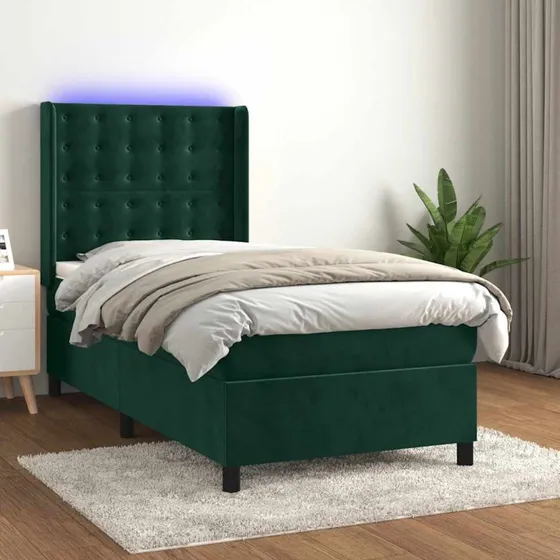 vidaXL Kontinentalseng 90x190 cm med LED-lys i mørkegrøn fløjl