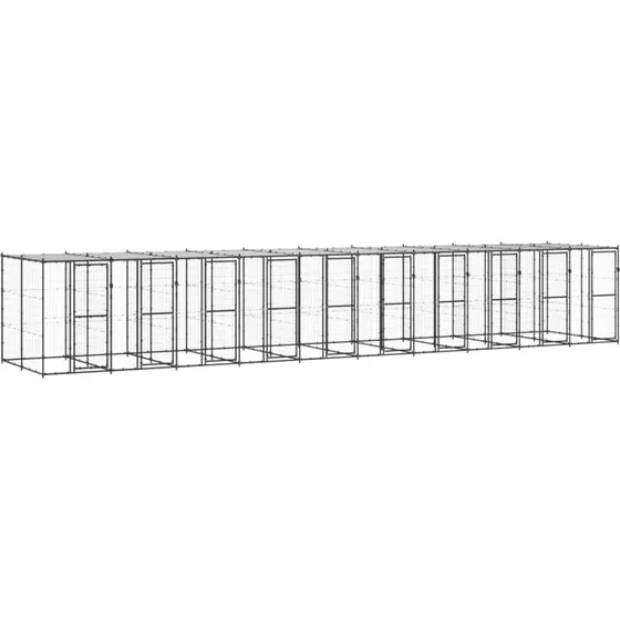 vidaXL udendørs hundegård med tag 24,2 m², pulverlakeret stål, sort/sølv