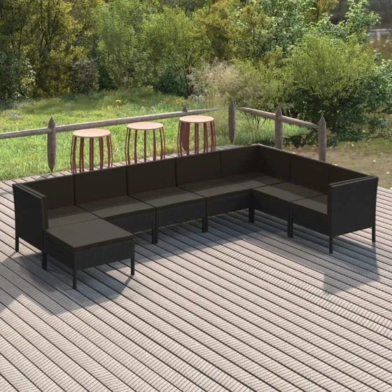 vidaXL 8-deligt loungesæt i polyrattan med hynder, sort