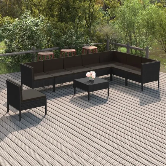 vidaXL 9-deligt loungesæt i polyrattan med hynder, sort