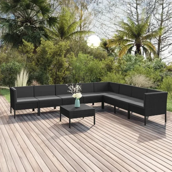 vidaXL 9-delers loungesæt i sort polyrattan med hynder