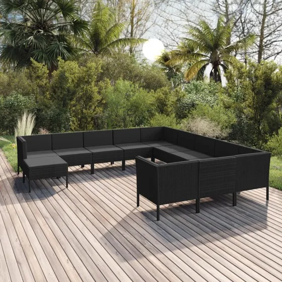 vidaXL 12-deligt loungesæt med polyrattan og hynder, sort