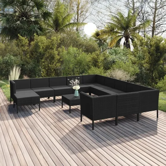vidaXL 13-deligt loungesæt i polyrattan med hynder, sort