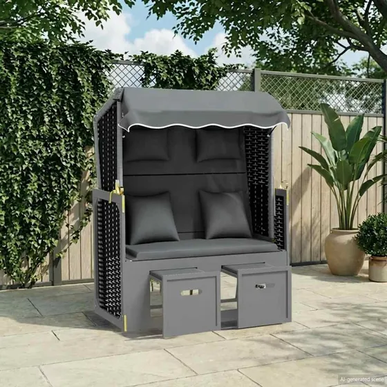 vidaXL Strandkurv med hynde i polyrattan og træ – antracit/sort