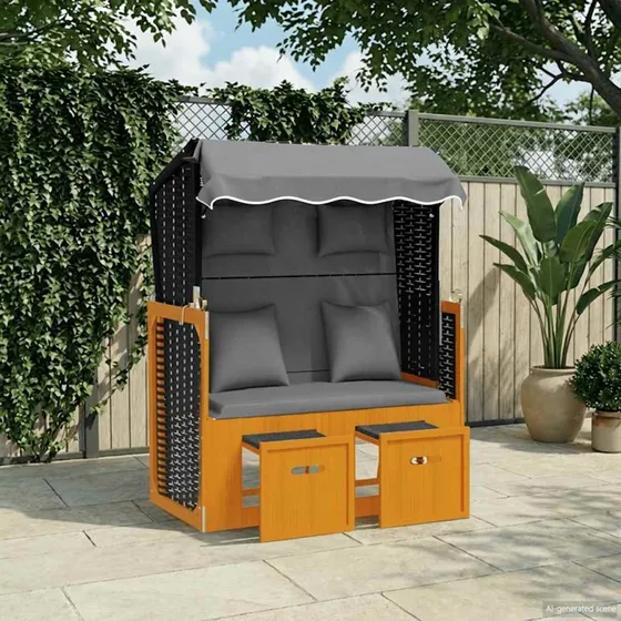 vidaXL strandkurv med hynder i polyrattan og massivt træ, sort/antracit