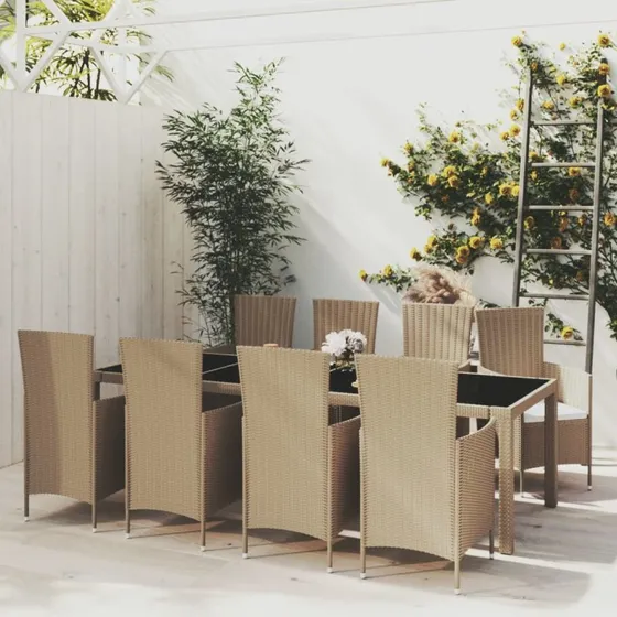 vidaXL udendørs spisebordssæt 9 dele polyrattan beige med hynder