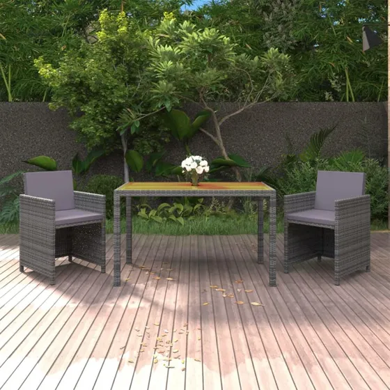 vidaXL 3-del spisebordssæt med hynder, grå polyrattan