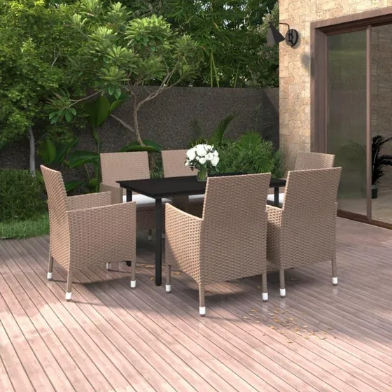 Rattan Home Beige/Creme/Sort 7-delssæt med Glasbord