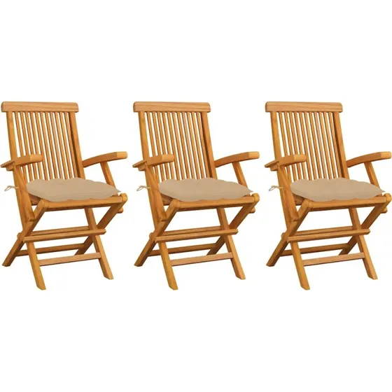 vidaXL 3-stk. havestole i massivt teaktræ med beige hynder