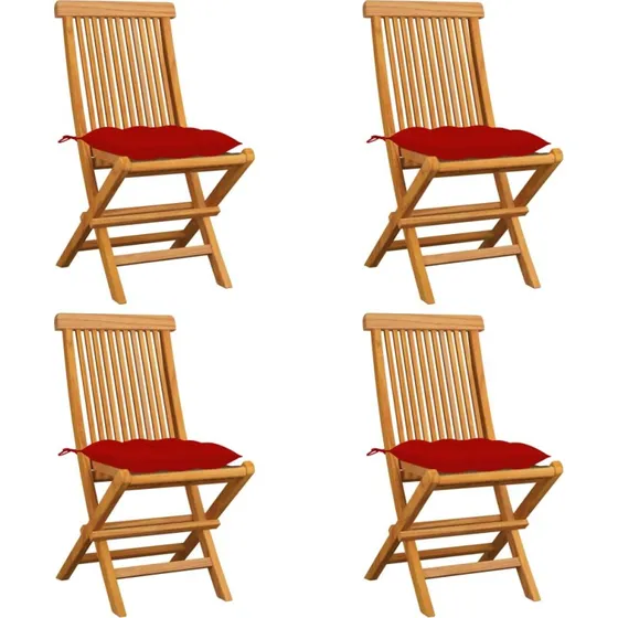 vidaXL Foldbare Havestole i Massivt Teak med Røde Hynder – 4 stk.
