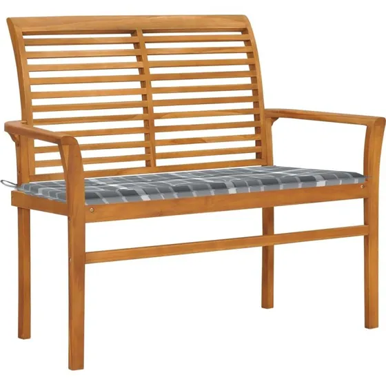 Teak Haven - Havebænk i massivt teaktræ med gråternet hynde, 112 cm
