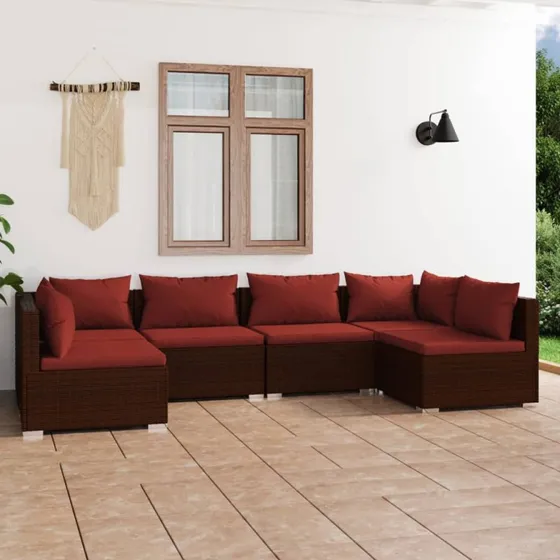 vidaXL 6-del polyrattan loungesæt brun med kanelrøde hynder
