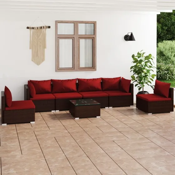 vidaXL 7-deles loungesæt i polyrattan med hynder brun