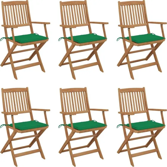 vidaXL foldbare havestole 6 stk. med grønne hynder, massivt akacietræ